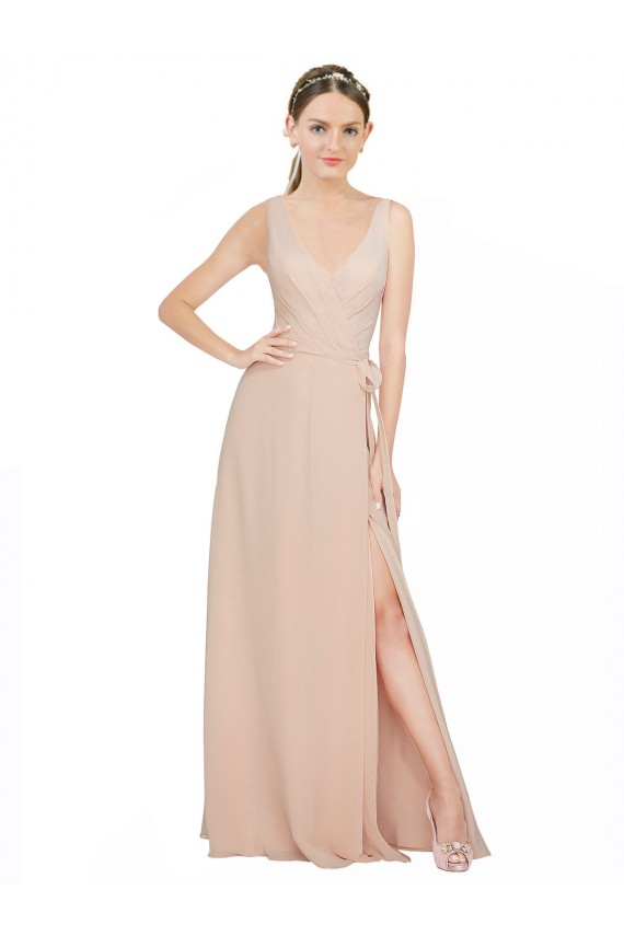 Outlet Rose 114 Trapèze Col V Mousseline Longue Robes demoiselle d'honneur