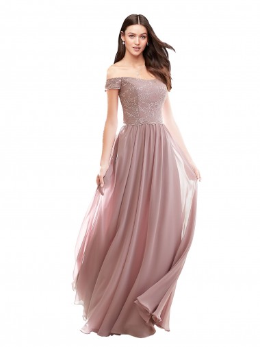 Outlet Rose 147 Trapèze Épaule Dénudée Mousseline Dentelle Longue Robes demoiselle d'honneur
