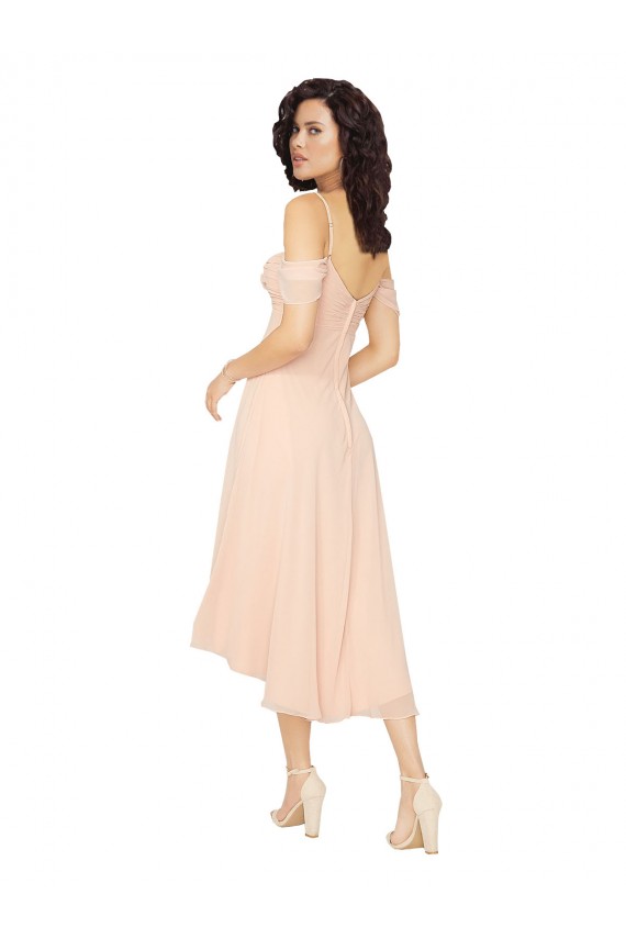 Outlet Rose Glacé Trapèze Col Carré midi Mousseline Courte Asymétrique Robes demoiselle d'honneur