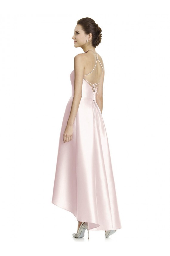 Outlet Rose Trapèze Bretelles spaghetti Satiné Longue Asymétrique Robes demoiselle d'honneur