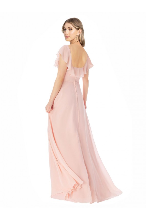 Outlet Rose Trapèze Col Carré Mousseline Longue Robes demoiselle d'honneur