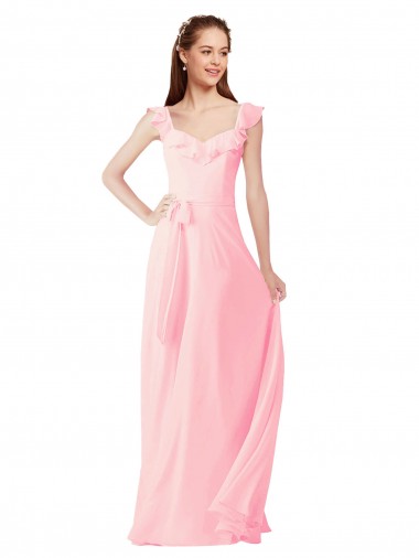 Outlet Rose Trapèze Col V Mousseline Longue Robes demoiselle d'honneur