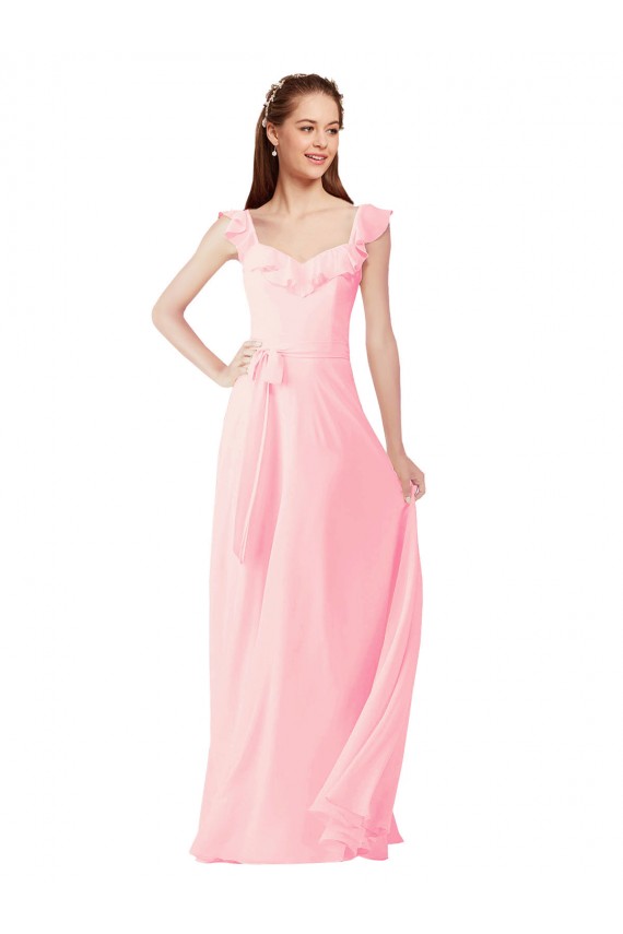 Outlet Rose Trapèze Col V Mousseline Longue Robes demoiselle d'honneur