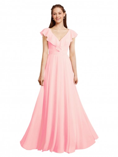 Outlet Rose Trapèze Col V Mousseline Longue Robes demoiselle d'honneur