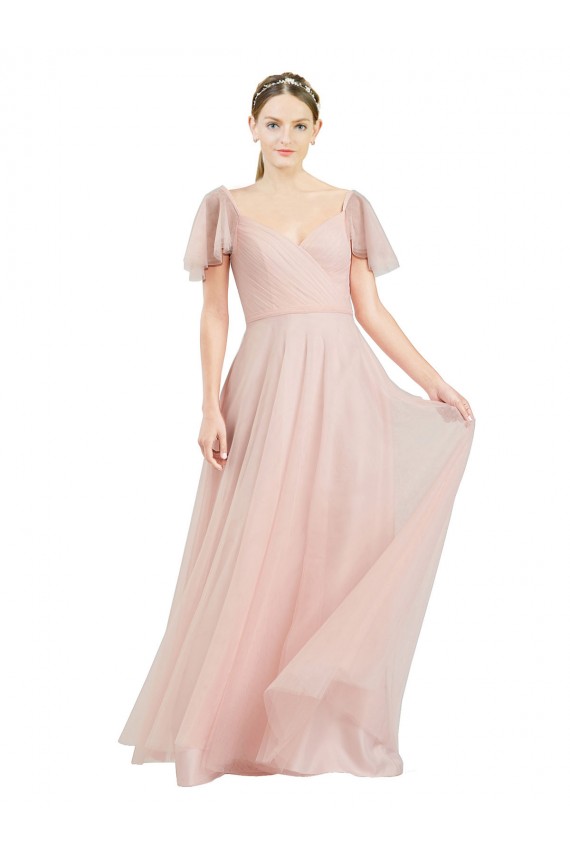 Outlet Rose Trapèze Col V Tulle Longue Robes demoiselle d'honneur
