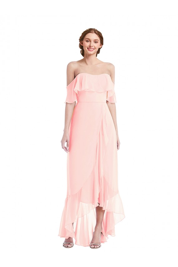 Outlet Rose Trapèze Épaule Dénudée Mousseline Longue Asymétrique Robes demoiselle d'honneur