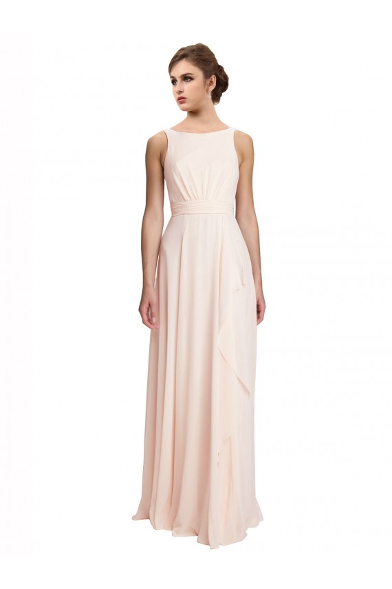 Outlet Rose crème Trapèze Bateau Col Haut Mousseline Longue Robes demoiselle d'honneur