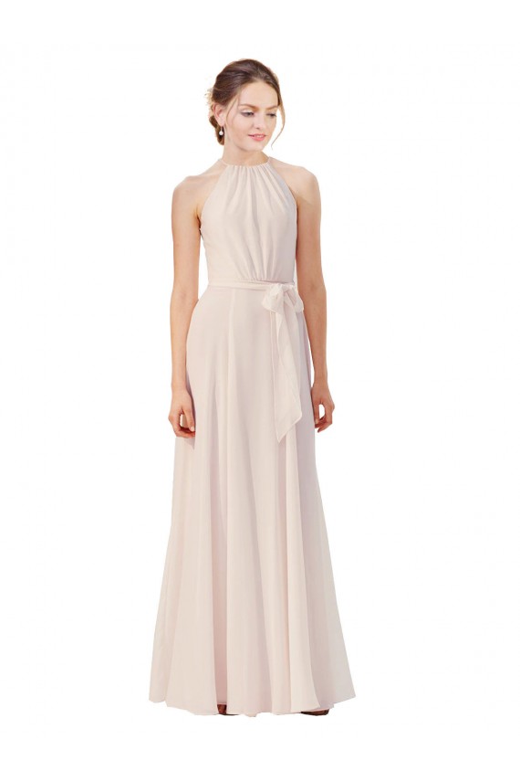 Outlet Rose crème Trapèze Bateau Col Haut Mousseline Longue Robes demoiselle d'honneur