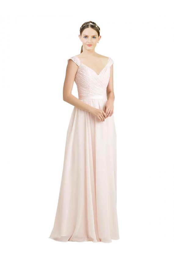 Outlet Rose crème Trapèze Mousseline Dentelle Longue Robes demoiselle d'honneur