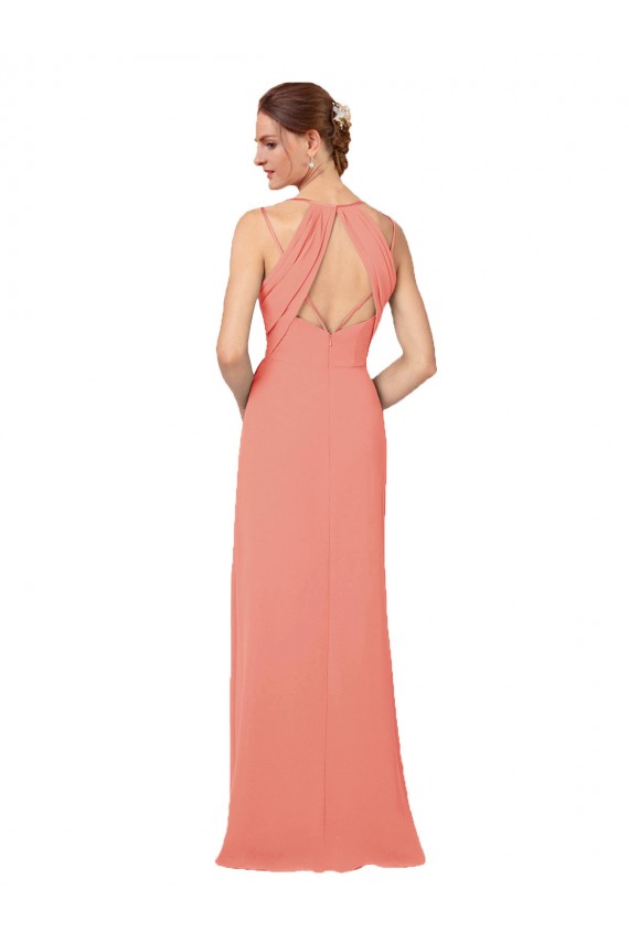 Outlet Rose du Désert Fourreau Col V Mousseline Longue Robes demoiselle d'honneur