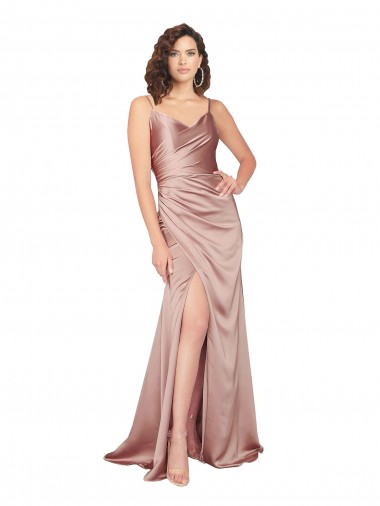 Outlet Rose poussiéreux Fourreau Col V Satiné Soyeux Longue Formelles Robes demoiselle d'honneur / Robes de soirée / Robes de bal
