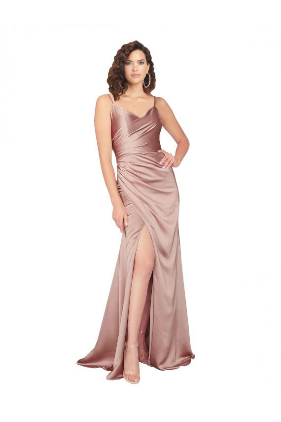 Outlet Rose poussiéreux Fourreau Col V Satiné Soyeux Longue Formelles Robes demoiselle d'honneur / Robes de soirée / Robes de bal