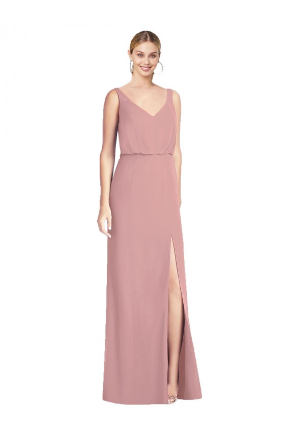 Outlet Rose poussiéreux Sirène Col V Mousseline Longue Robes demoiselle d'honneur