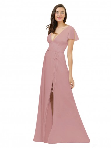 Outlet Rose poussiéreux Trapèze Col V Mousseline Longue Robes demoiselle d'honneur