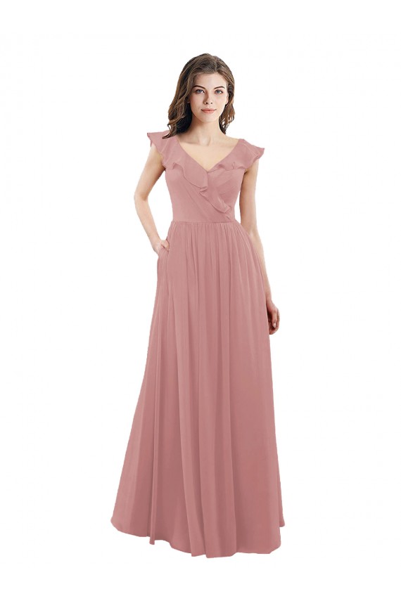 Outlet Rose poussiéreux Trapèze Col V Mousseline Longue Robes demoiselle d'honneur