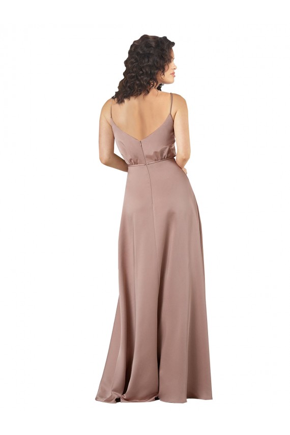 Outlet Rose poussiéreux Trapèze Col V Satiné Soyeux Longue Formelles Robes demoiselle d'honneur / Robes de soirée