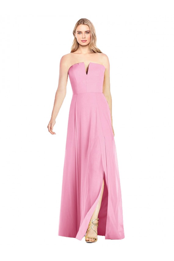 Outlet Rose vif Trompette Col V Sans bretelle Mousseline Longue Robes demoiselle d'honneur