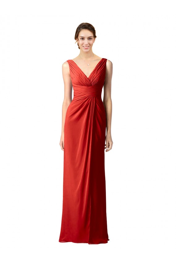 Outlet Rouge Fourreau Col V Mousseline Longue Robes demoiselle d'honneur