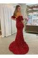 Outlet Rouge Fourreau Épaule Dénudée Traîne moyenne Paillettes Velours Longue Robes de bal