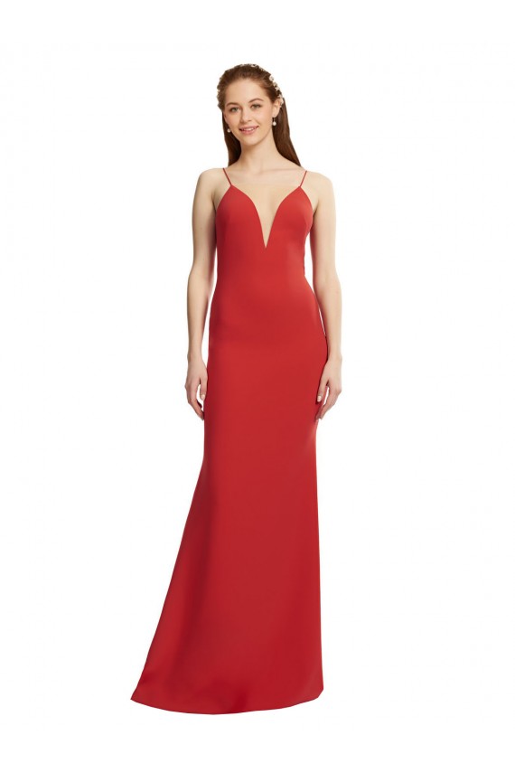 Outlet Rouge Sirène Bretelles spaghetti Col V Crêpe Stretch Longue Formelles Robes demoiselle d'honneur / Robes de soirée / Robes de bal