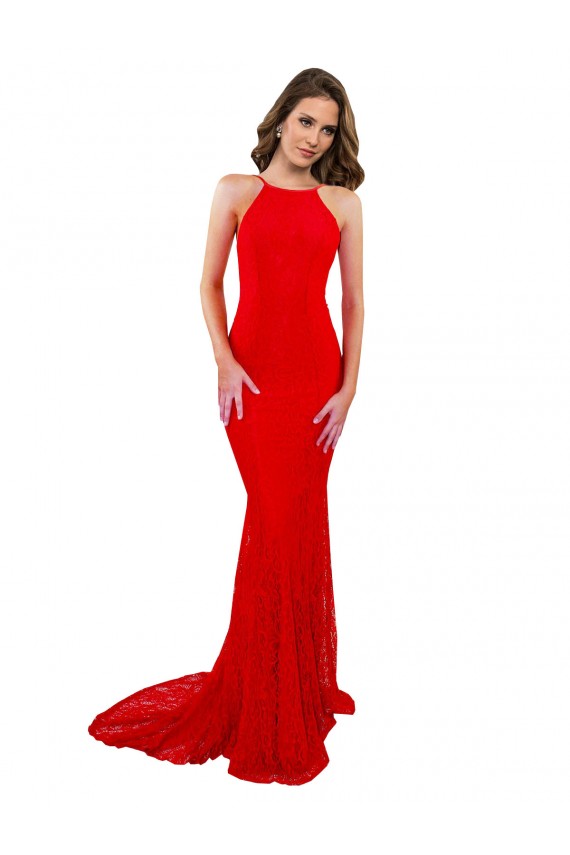 Outlet Rouge Sirène Col Haut Dentelle Longue Formelles Robes demoiselle d'honneur / Robes de soirée / Robes de bal