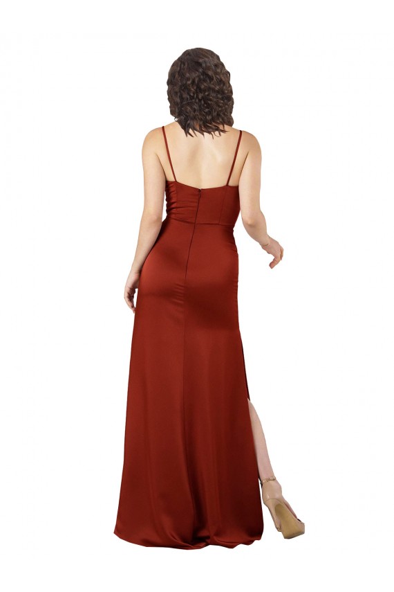 Outlet Rouge Trapèze Bretelles spaghetti Col Carré Satiné Soyeux Longue Formelles Robes demoiselle d'honneur / Robes de soirée / Robes de bal
