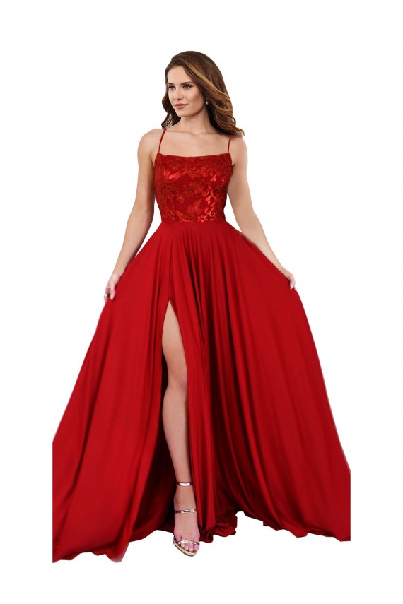 Outlet Rouge Trapèze Bretelles spaghetti Col Carré Spandex Dentelle Longue Robes demoiselle d'honneur / Robes de bal
