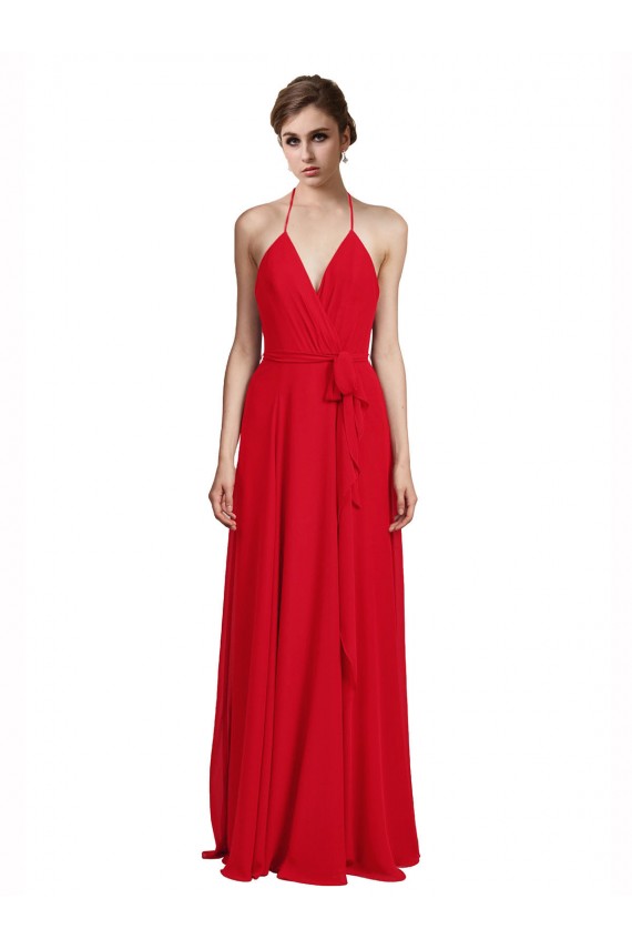 Outlet Rouge Trapèze Bretelles spaghetti Col V Mousseline Longue Robes demoiselle d'honneur