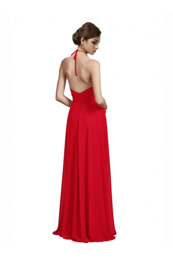 Outlet Rouge Trapèze Bretelles spaghetti Col V Mousseline Longue Robes demoiselle d'honneur