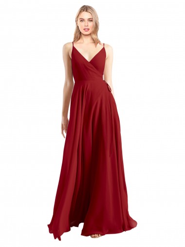 Outlet Rouge Trapèze Bretelles spaghetti Col V Mousseline Longue Robes demoiselle d'honneur