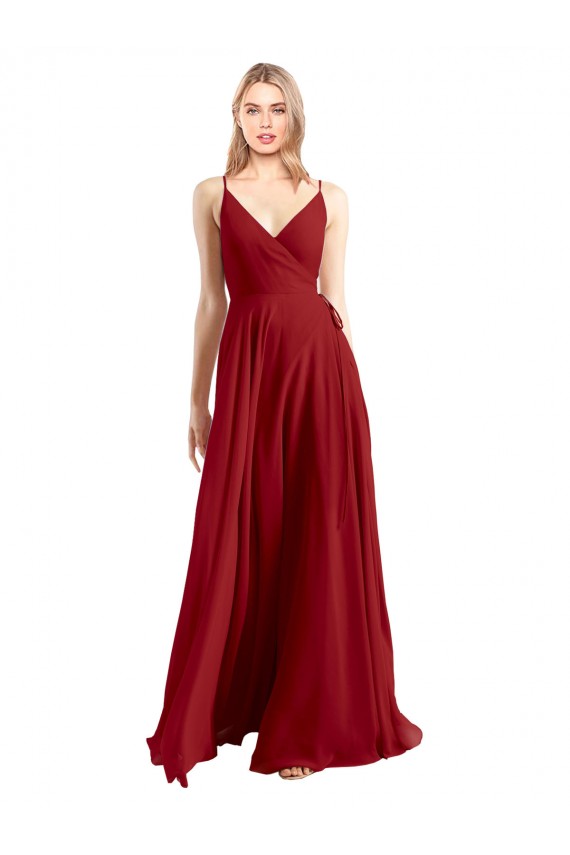 Outlet Rouge Trapèze Bretelles spaghetti Col V Mousseline Longue Robes demoiselle d'honneur