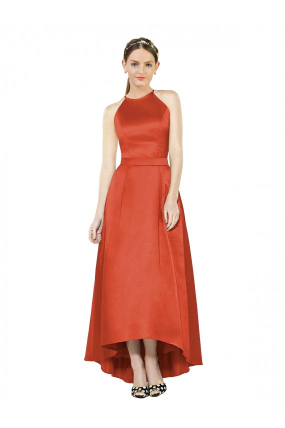 Outlet Rouge Épice Trapèze Licou Satiné Longue Asymétrique Robes demoiselle d'honneur