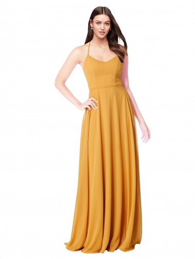 Outlet Safran Trapèze Col V Mousseline Longue Robes demoiselle d'honneur