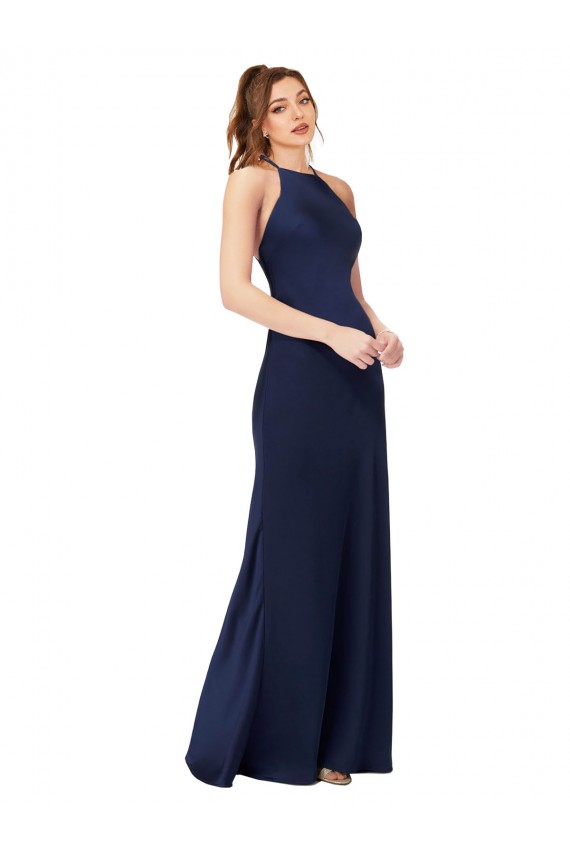 Outlet Saphir Fourreau Col Haut Satiné Soyeux Longue Formelles Robes demoiselle d'honneur / Robes de soirée / Robes de bal