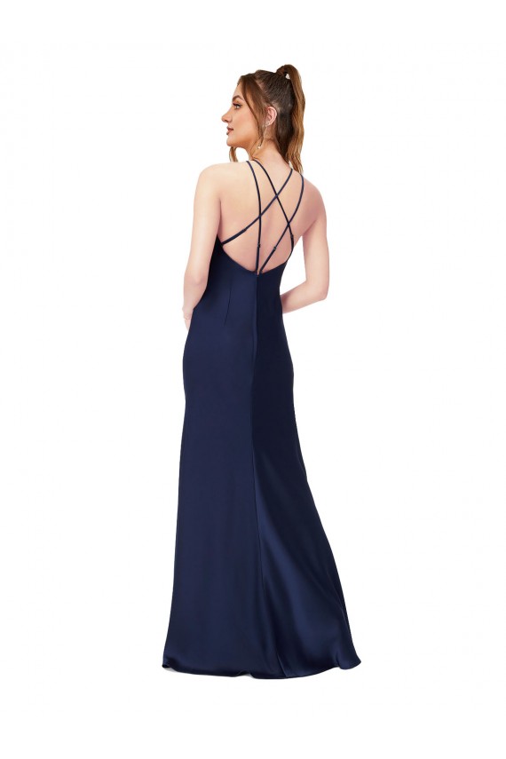 Outlet Saphir Fourreau Col Haut Satiné Soyeux Longue Formelles Robes demoiselle d'honneur / Robes de soirée / Robes de bal
