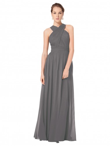 Outlet Stormy Silver Trapèze Licou Mousseline Longue Robes demoiselle d'honneur