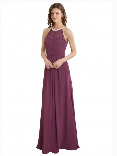 Outlet Trapèze Col Haut Mousseline Longue Robes demoiselle d'honneur