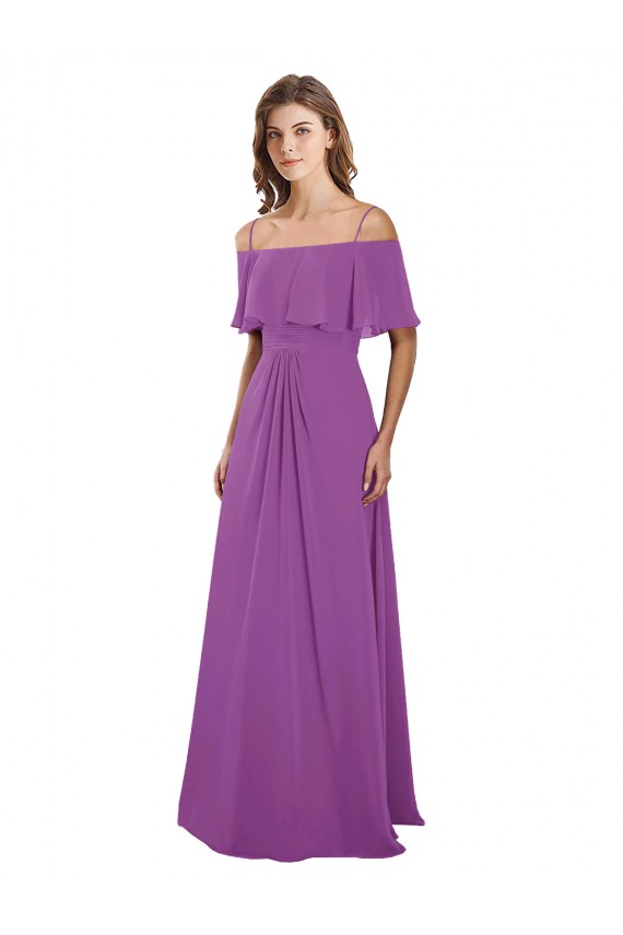 Outlet Trapèze Épaule Dénudée Bretelles spaghetti Mousseline Longue Robes demoiselle d'honneur