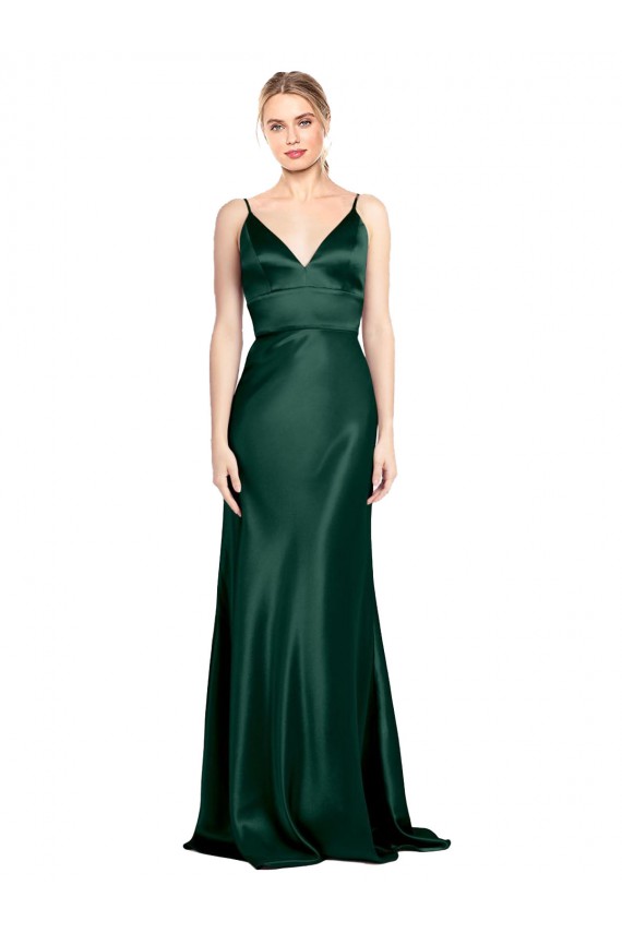 Outlet Vert Chasseur Fourreau Bretelles spaghetti Col V Satiné Stretch Longue Formelles Robes demoiselle d'honneur / Robes de soirée / Robes de bal