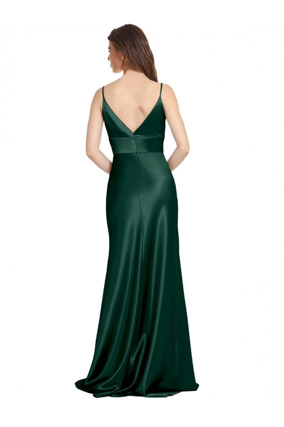 Outlet Vert Chasseur Fourreau Bretelles spaghetti Col V Satiné Stretch Longue Formelles Robes demoiselle d'honneur / Robes de soirée / Robes de bal