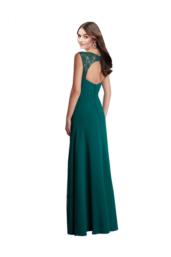 Outlet Vert Chasseur Trapèze Col V Mousseline Dentelle Longue Robes demoiselle d'honneur