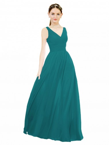 Outlet Vert Chasseur Trapèze Col V Mousseline Longue Robes demoiselle d'honneur