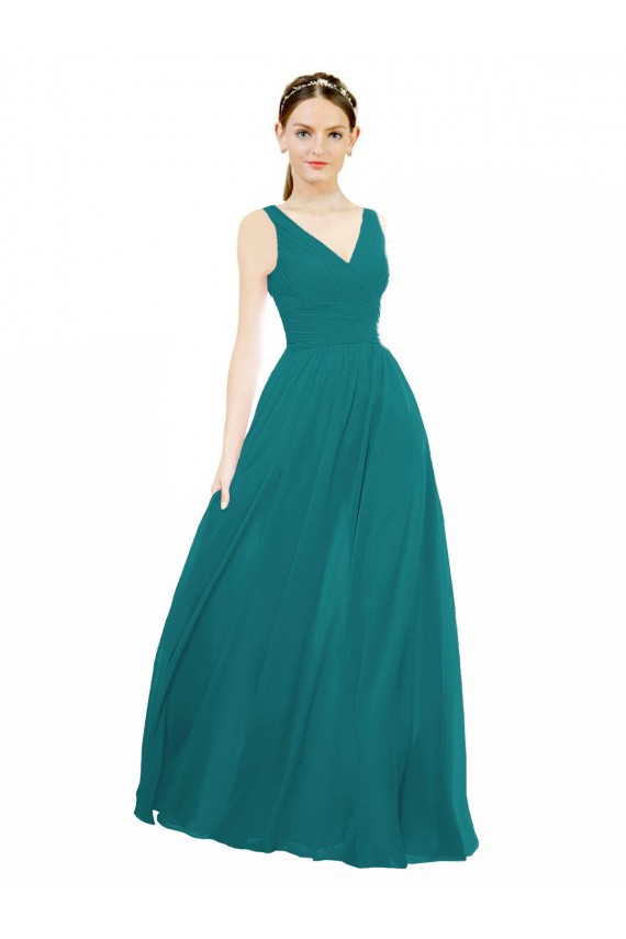 Outlet Vert Chasseur Trapèze Col V Mousseline Longue Robes demoiselle d'honneur