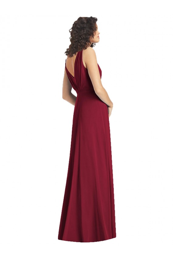 Outlet Vert Chasseur Trapèze Col V Mousseline Longue Robes demoiselle d'honneur