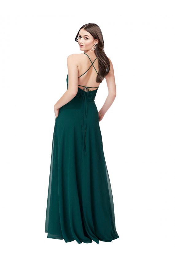 Outlet Vert Chasseur Trapèze Col V Mousseline Longue Robes demoiselle d'honneur