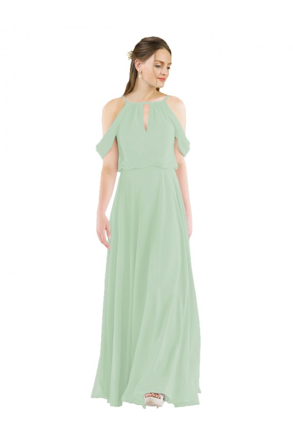 Outlet Vert Sauge Fourreau Épaule Dénudée Mousseline Longue Robes demoiselle d'honneur