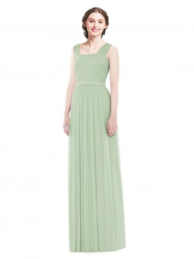Outlet Vert Sauge Trapèze Bretelles spaghetti Mousseline Longue Robes demoiselle d'honneur