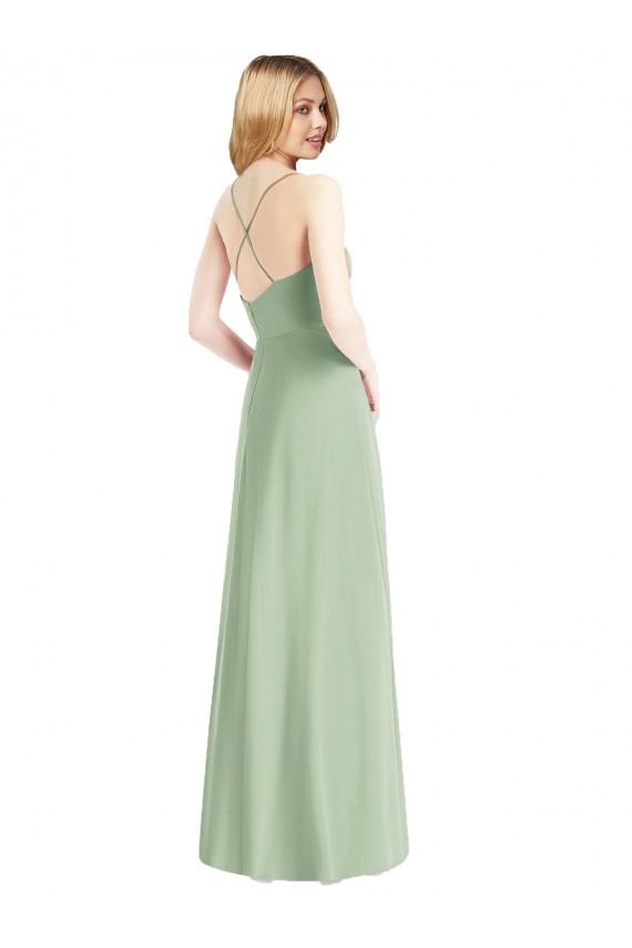 Outlet Vert Sauge Trapèze Bretelles spaghetti Mousseline Longue Robes demoiselle d'honneur