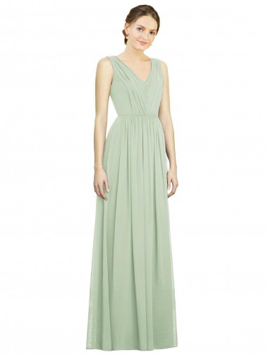 Outlet Vert Sauge Trapèze Col V Mousseline Longue Robes demoiselle d'honneur