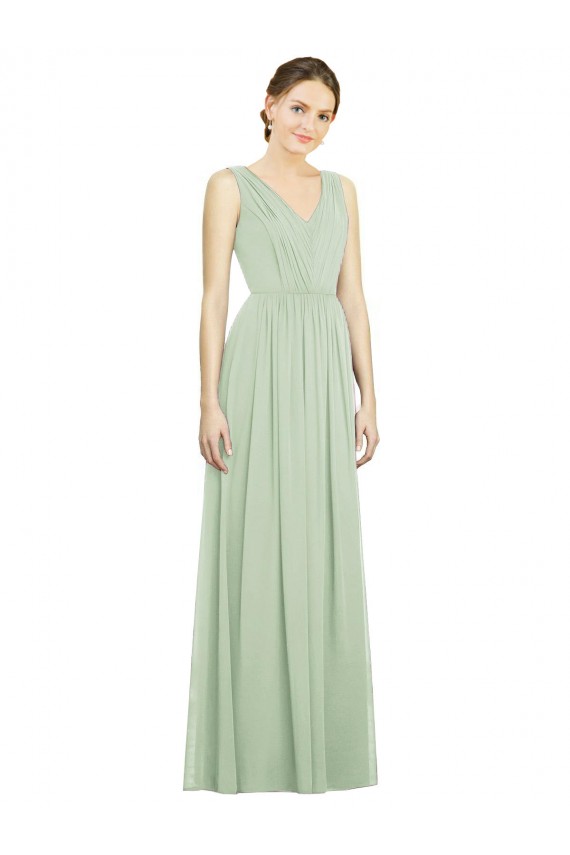Outlet Vert Sauge Trapèze Col V Mousseline Longue Robes demoiselle d'honneur
